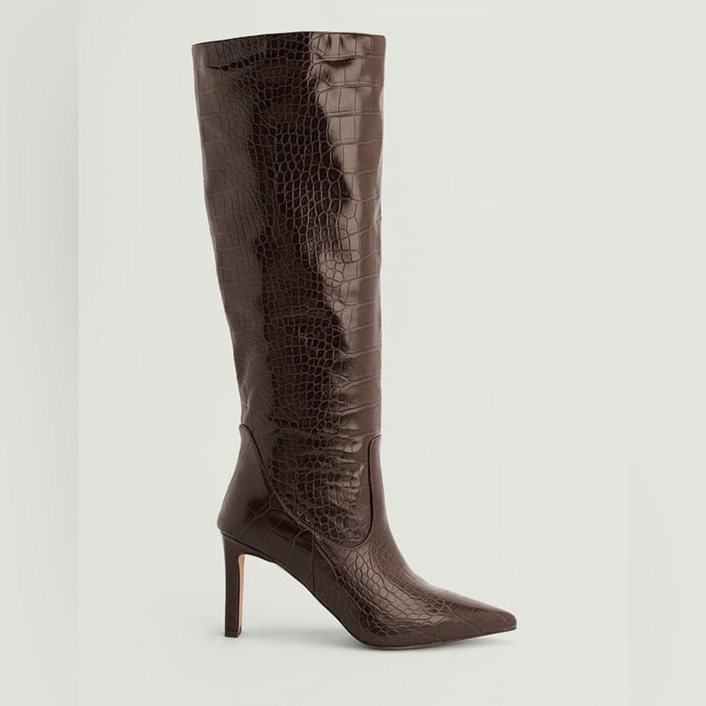 NA-KD Faux Crocodile Knee High Boots / Brown Alligator Heeled Boots